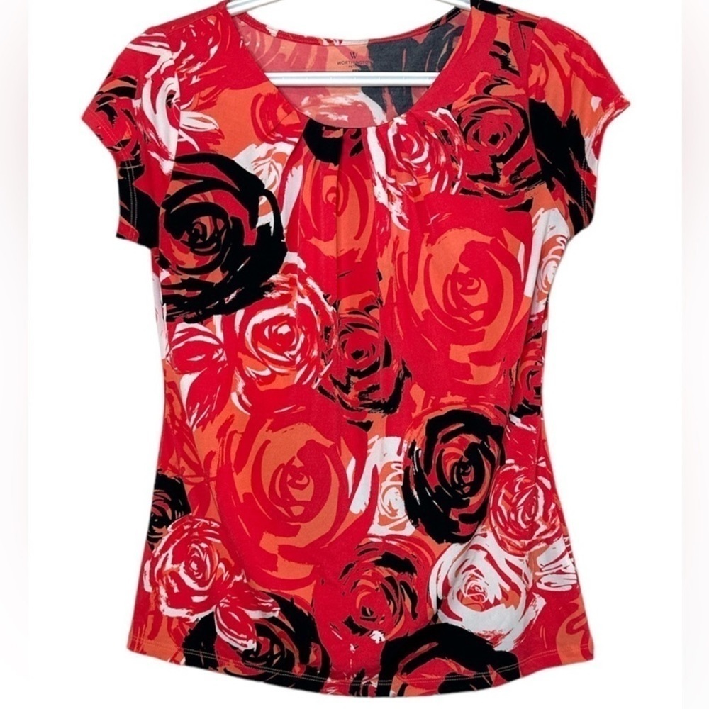 Worthington Floral Cap Sleeve Blouse Pleated Crew Neck Petite S Office Career